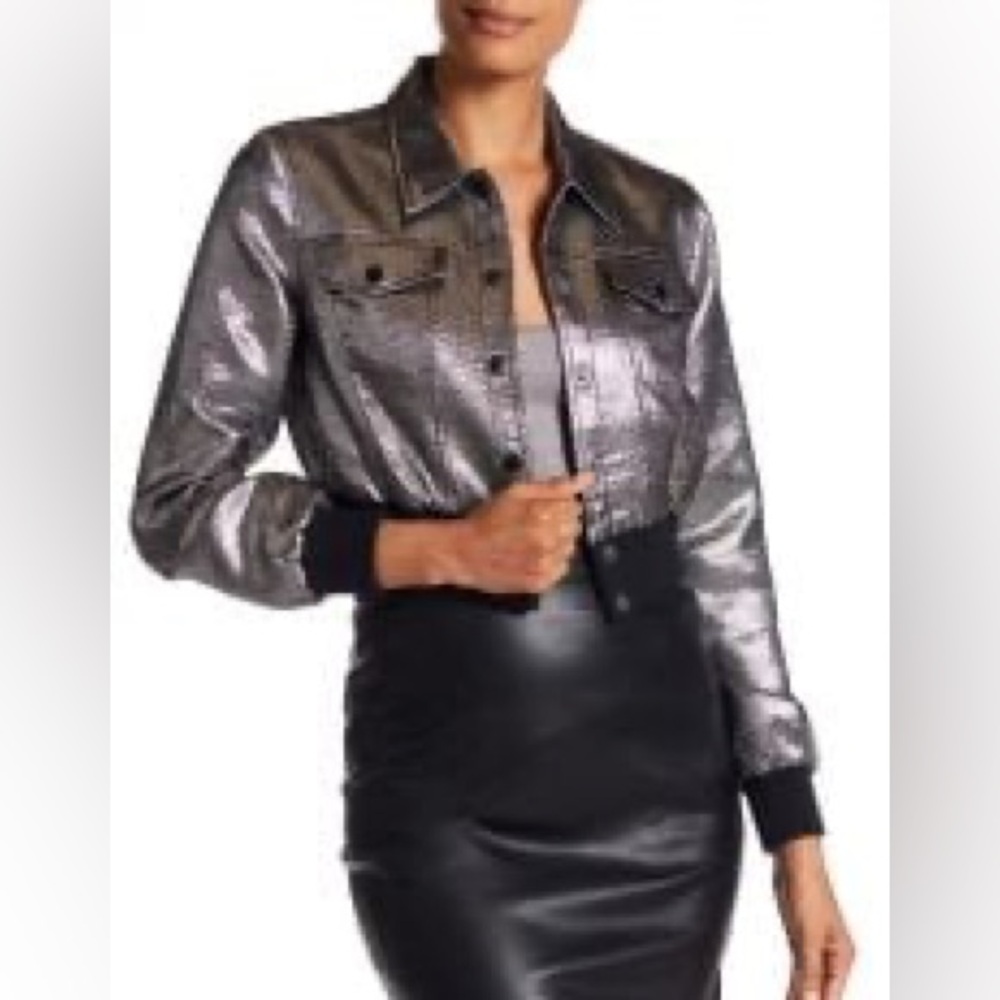 cinq a sept Kane Silver Metallic Cropped Bomber Jacket - Size Small